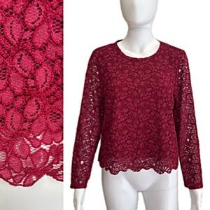 Aritzia Talula All Over Lace Long Sleeve Top Womens Size Large Burgundy Wine